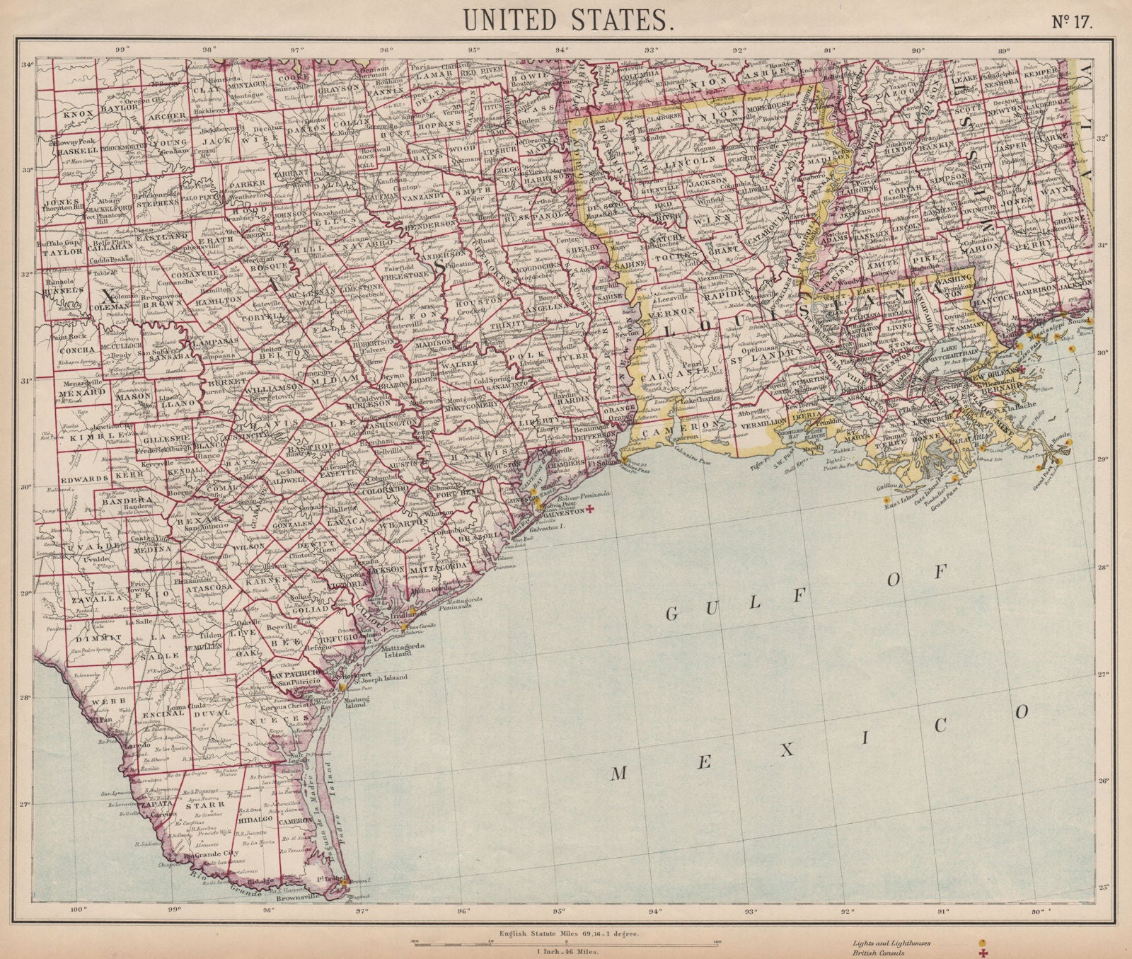 US GULF COAST. Texas Louisiana Mississippi. Lighthouses Consuls. LETTS 1889 map